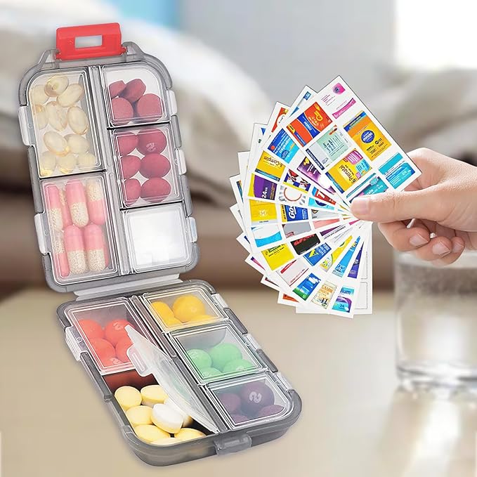 4PCS 7-Day Pill Organizer with Labels – Compact Daily Medication Case | Travel-Sized (3.7" x 2.4") Secure Lock | AM/PM Compartments | Includes 300+ Common Medicines Vitamins Health Product Sticker