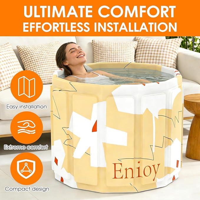 Portable Bathtub for Adult, Foldable Soaking Bathtub for Hot SPA&Ice Bath, Foldable Small Bathtub collapsible bathtub for Bathing, 6-layer Insulated portable tub,Space-Saving (yellow 25.9X31.5IN)