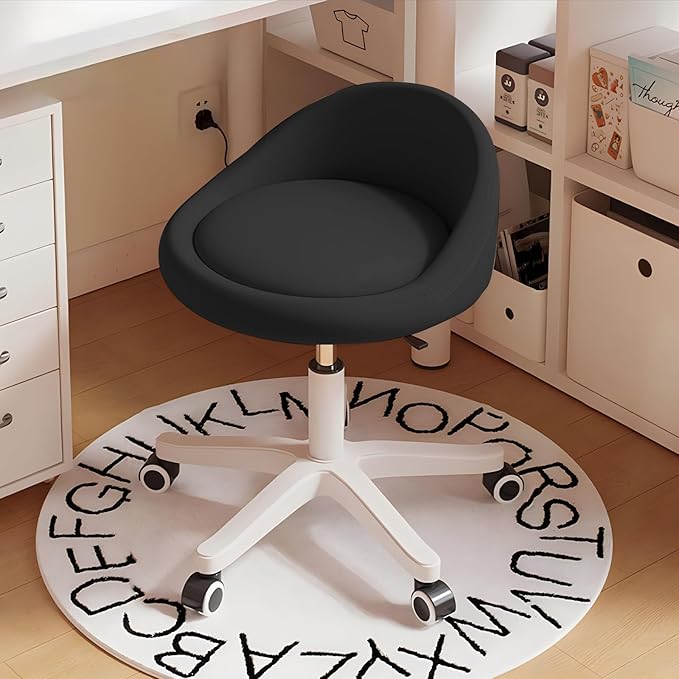 Rolling Stool Chair with Backrest, Round PU Leather Adjustable Height Hydraulic Swivel Rolling Stool for Spa Salon Tattoo Massage Doctor Dental Medical Office Black