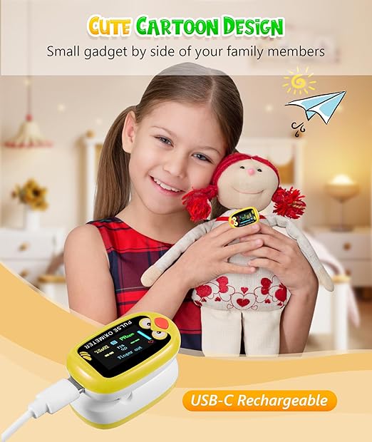 Fingertip Pluse Oximeter for Small Fingers, USB-C Rechargeable Oxygen Monitor, Cute Cartoon Design, Sports & Aviation Use, Applicable for Kids & Children (Yellow)