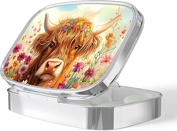 Pill Box-2 Compartment Small Pill Case Portable for Pocket & Purse Single Pill Carrier Pill Container to Hold Vitamins Medication Fish Oil and Supplements BPA-Free(Highland Cow)