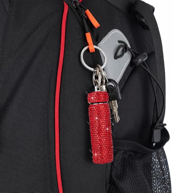 Bling Rhinestone Pill Case Portable Waterproof Pocket Pill Holder Bottle Storage with Keychain for Travel, Outdoor, Camping (red)
