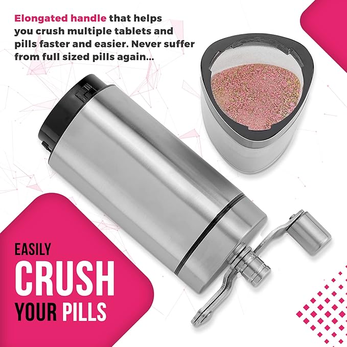 Pill Grinder - Pro Manual Pill Crusher and Cutter Crush, Grind and Pulverize Multiple Pills and Tablets to Fine Powder Use for Seniors, Feeding Tubes, Kids or Dogs, Cats, & Pets, Stainless Steel