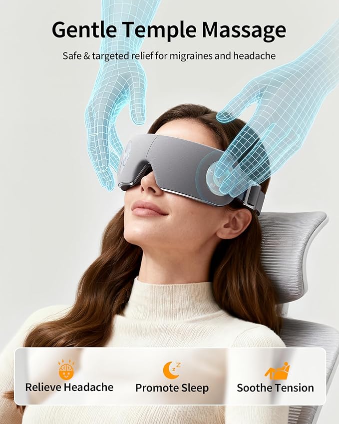 Ultra Quiet Eye Massager for Migraines with Temple Massage, Heat, Air Compression, Bluetooth Music Streaming, 10/15/20 Min Timer, Foldable Electric Eye Mask for Migraine Relief, Eye Strain, Eye Care