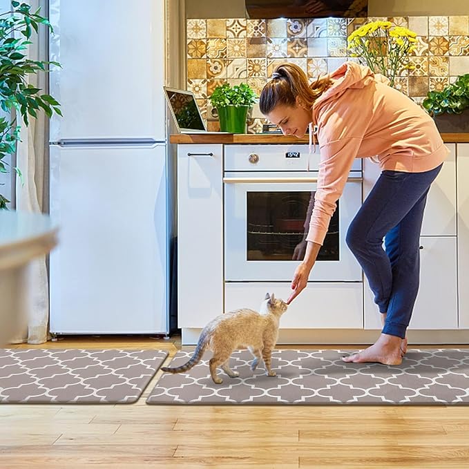 KMAT Kitchen Mat [2 PCS] Cushioned Anti-Fatigue Area Rug Sets, Waterproof Non-Slip Kitchen Mats and Rugs Heavy Duty PVC Ergonomic Comfort Foam Rug for Kitchen, Floor Home, Office, Sink, Khaki