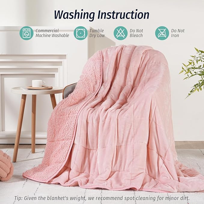 Wemore Sherpa Fleece Weighted Blanket for Adult, 15 lbs Dual Sided Cozy Fluffy Heavy Blanket, Ultra Fuzzy Throw Blanket with Soft Plush Flannel Top, 60 x 80 inches Pink on Both Sides