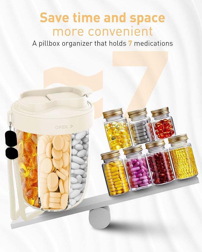 Large Pill Organizer,Supplement Organizer for 7 Different Vitamins,Pill Dispenser with Anti-Mixing Design,Easy to Retrieve Meds,Includes 20 Pcs Labels,Travel Pill Organizer (Cream White)