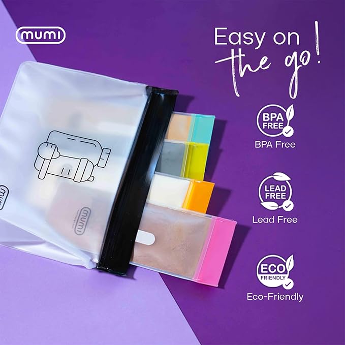 MUMI Single Dose Kit – 7pc (2.36” x 6.14”) Reusable Protein Powder Travel Container Packets with Zip-Up Bag (8” x 5”) & Funnel | Protein Powder Container to Go, Travel Powder Containers & Organizer