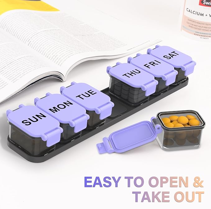 Extra Large Weekly Pill Organizer - XL Vitamin Holder with 7 Detachable Compartments, Portable Medicine Pill Organizer for Supplements, Daily Pill Case for Home and Travel,Purple