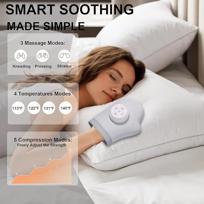 Hand Massager, Cordless Palm & Finger Massager with Heat and Compression, 3 Modes & 5 Intensities, Rechargeable Portable Gift-Ready
