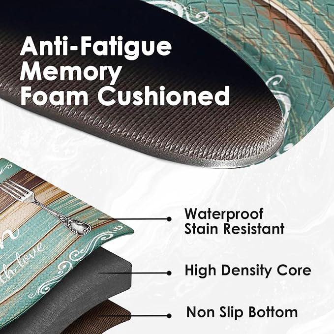 Arttown Teal Farmhouse Anti-Fatigue Kitchen Rug Set of 2 Brown Knife Fork Rustic Vintage Cushioned Floor Standing Mat Waterproof Non-Slip Kitchen Mat and PVC Ergonomic Comfort Foam Rug