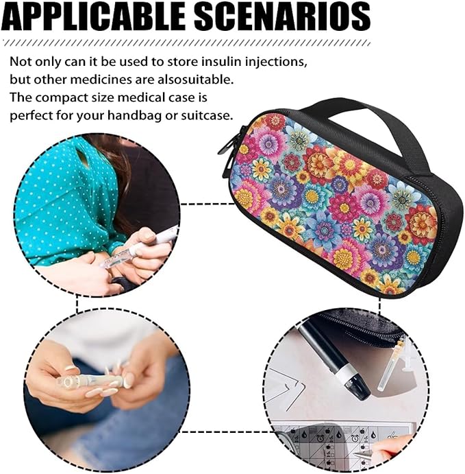 Boho Mandala Flower Insulin Cooler Travel Case Large Capacity Diabetic Medication Cooling Bag with Pockets for Insulin Pens While Traveling and Other Diabetic Supplies