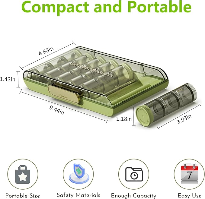 3 Times a Day Pill Organizer 7 Day, Large Weekly Pill Organizer, Weekly Pill Box with 7 Separate Containers, Portable Daily Medicine Planner Case for Medicine Vitamin Fish Oil Supplement(Green)