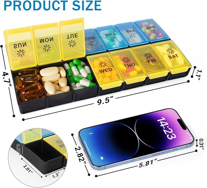 Mossime XL Large Daily Pill Organizer 2 Times a Day, Extra 7 Day Pill Box Am Pm, Weekly Day Night Vitamin Holder, Medicine Organizer, Big Pill Container, Medication Dispenser 14 Compartments