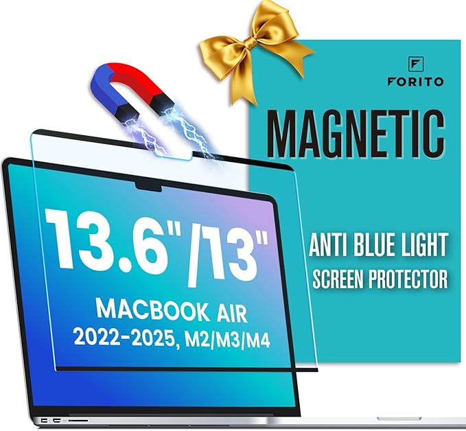 F FORITO Magnetic Anti Blue Light Screen Protector Compatible with MacBook Air 13.6 inch (2022-2025, M2, M3, M4), Bubble-Free Install, Removable & Reusable Anti Glare Matte Laptop Screen Shield