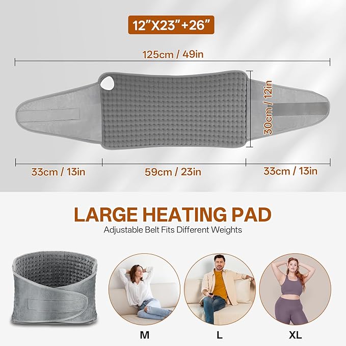 Vovoir Heating Pad for Back Pain Relief,12"x24"+25" Large Electric Heating Pad for Period Cramps Neck Shoulders with Belt, 4 Timer 9 Heat Setting & Auto Shut Off,Gifts for Mom,Dad