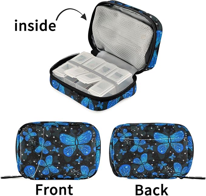 Fustylead Blue Butterfly with Night Gradient Color Pill Organizers 2 Times A Day Pill Case Bag with Zipper Portable Weekly Pill Dispensers for Vitamin Supplement