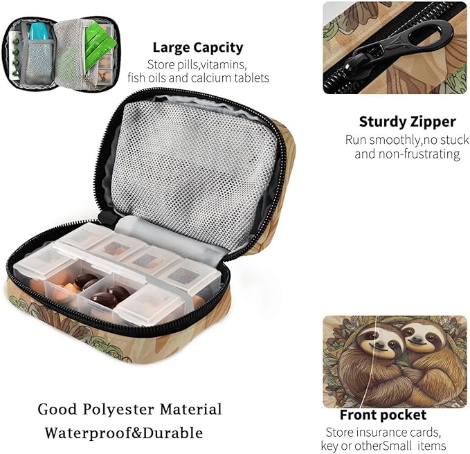 Fustylead Cute Sloths on The Round Background of Mandala Pill Organizers 2 Times A Day Pill Case Bag with Zipper Portable Weekly Pill Dispensers for Vitamin Supplement