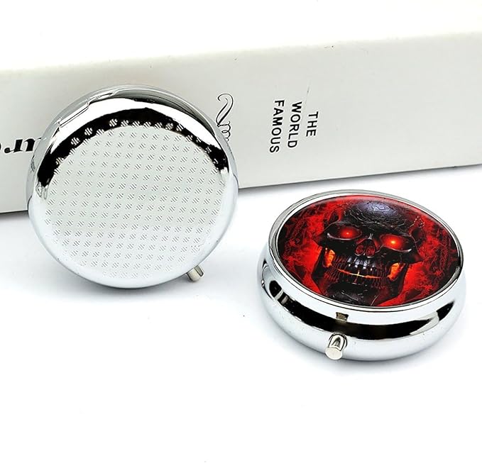 Pill Box Black and Red Skull Round Metal Pill Case with 3 Compartments Portable Mini Medicine Drug Holder Travel Medicine Tablet Vitamin Holder Organizer