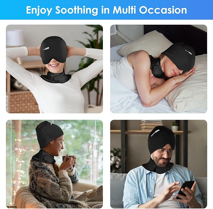 ComfiTECH Cold Cap with Top Coverage & Neck Ice Pack Wrap, Head & Cervical Cold Gel Sleeve Care Package, Black