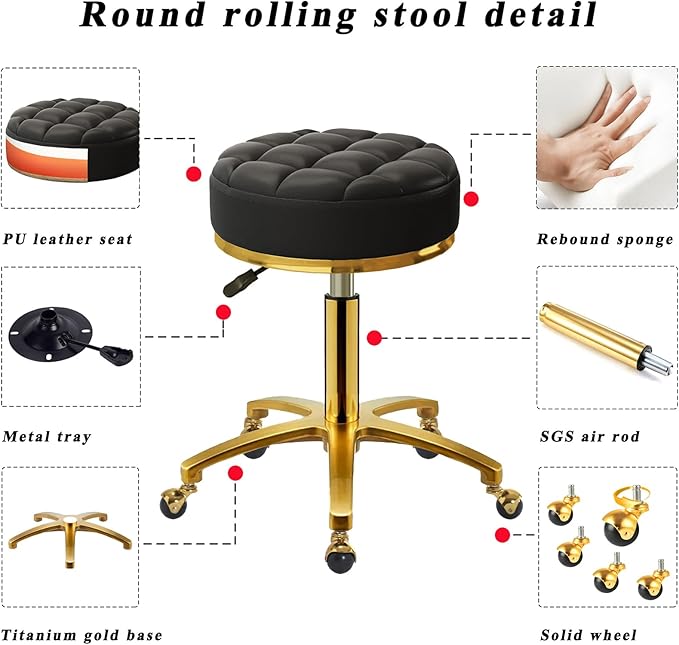 Rolling Stool Gold Vanity Stool with Wheels, Pedicure Massage Roller Stools, PU Leather Round Swivel Salon Spa Chair, Titanium Gold Base, Height Adjustable 43-55 cm (Black)