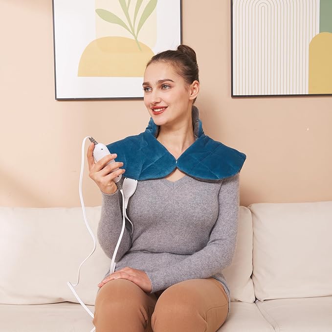 Ambershine 19''x24'' Weighted Neck & Shoulder Heating Pad, 2.5lbs with 12 Temperature Settings& 4 Auto-Off Timers, Pain Relief for Neck/Shoulder/Back, Christmas Gifts for Women Men Mom Dad (Gray&Blue)