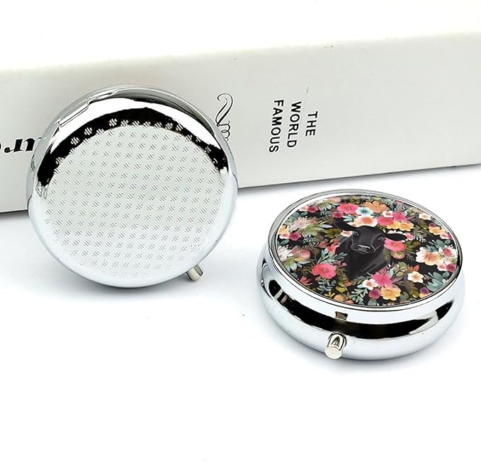 Steer Floral Pill Box Travel Pill Case for Purse Pocket Weekly Medicine Organizer with Mirror 3 Compartment Round Medicine Case Portable PillcaseHolder for Daily