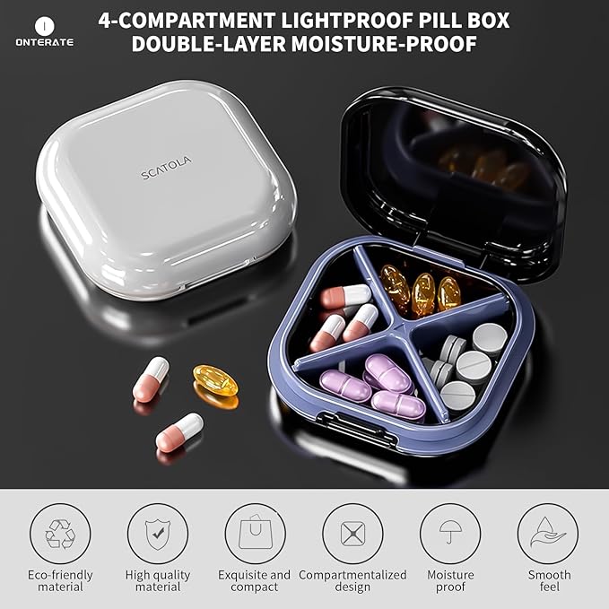 Small Pill Case, Travel Pill Organizer, Small Pill Box, Pill Container for Purse 4 Compartments, Daily Compact Travel Medicine Holder for Vitamins Medication (White Grey)