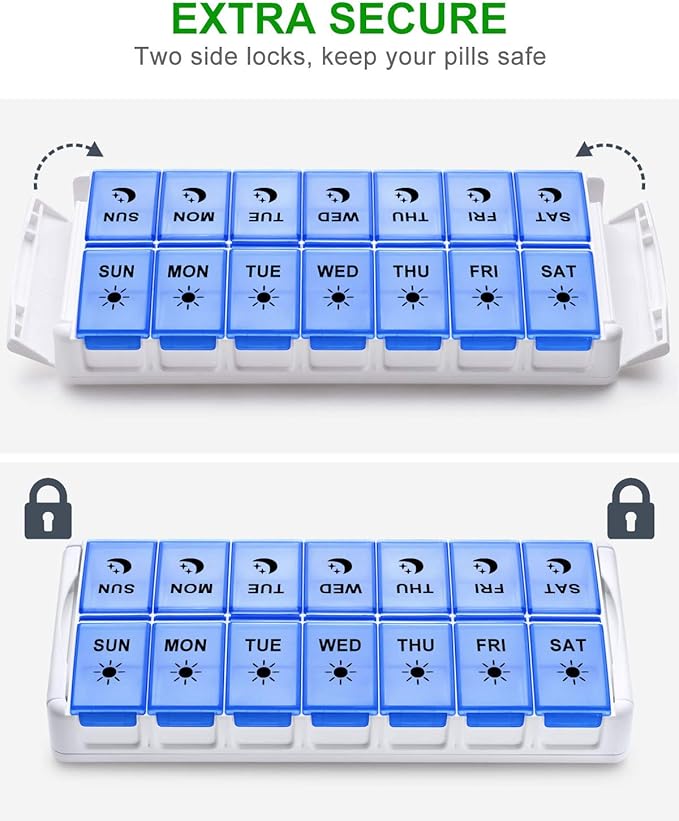 Weekly Pill Organizer 7 Day 2 Times a Day Extra Large, Quick Fill 2020 Fullicon AM PM XL Daily Pill Cases Pill Box with Detachable Base - White/Blue (Patent Registered)