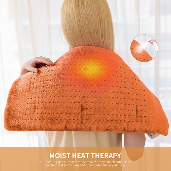 Massaging Weighted Heating Pad - Electric Heating Pad for Back Pain Relief with Massager, 3 Heat, 6 Massage, Auto Off, Extra Large Vibrating Heat Pad for Shoulder Neck (Pumpkin Yellow, 12"×24")
