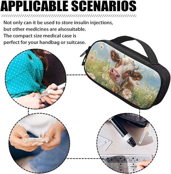Cute Cow Daisy Insulin Cooler Travel Case Large Capacity Diabetic Medication Cooling Bag with Pockets for Insulin Pens While Traveling and Other Diabetic Supplies
