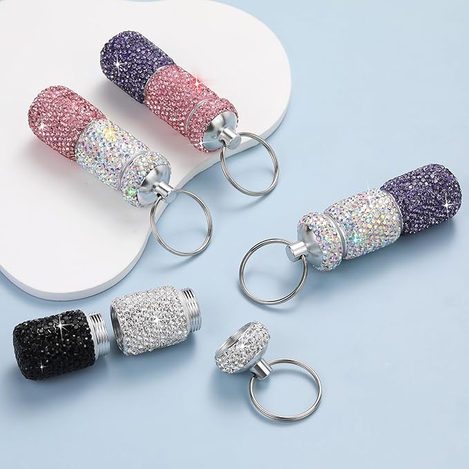Bling Pill Case Portable Travel Pill Container Bottle Rhinestone Waterproof Small Pill Holder with Keychain Cute Mini Pill Storage Box for Outdoor Camping Case (AB-Purple)