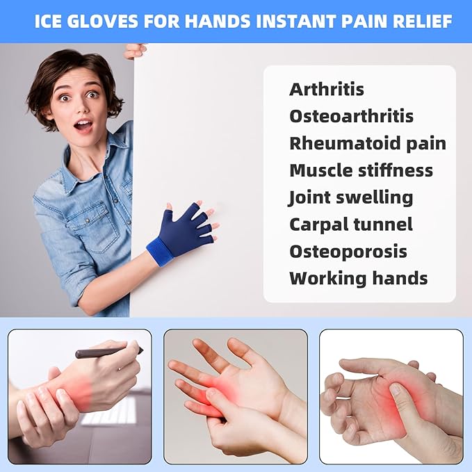 Finger Arthritis Compression Hand Ice Pack Gloves for Pain Relief, Blue Adjustable Wrist Ice Pack for Hot & Cold Therapies, Reusable Gel Finger Ice Glove Sleeve for Tendinitis, Carpal Tunnel