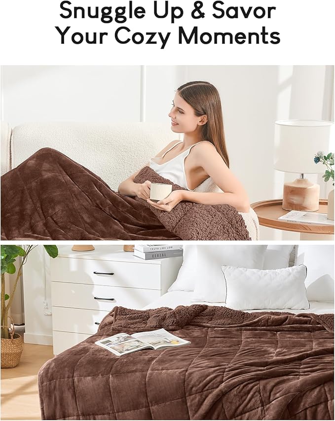Cottonblue Weighted Blanket for Adults 15 lbs Queen Size 60x80 in, Cozy Flannel Sherpa Fleece Weighted Throw Blankets Comfortable for Calming and Relax, Shaggy Bed Sofa Heavy Blankets, Chocolate Brown