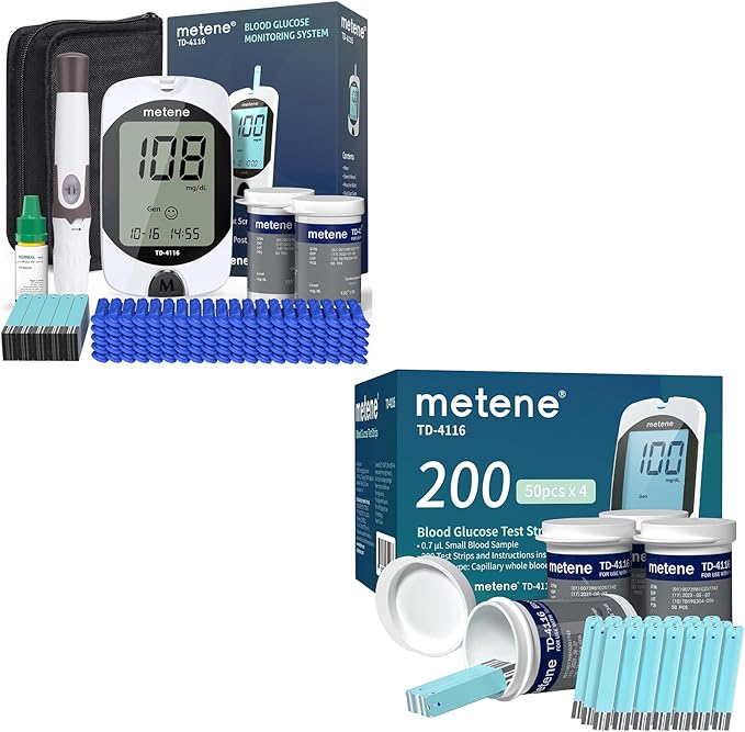Metene TD-4116 Blood Glucose Monitor Kit & Metene TD-4116 Blood Glucose 200 Test Strips