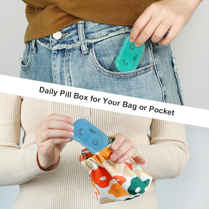 HRX Package Little Daily Pill Box Case AM PM for 7 Day, Small Pocket Purse Pills Holder, Cute Drug Organizer Container 2 Times a Day
