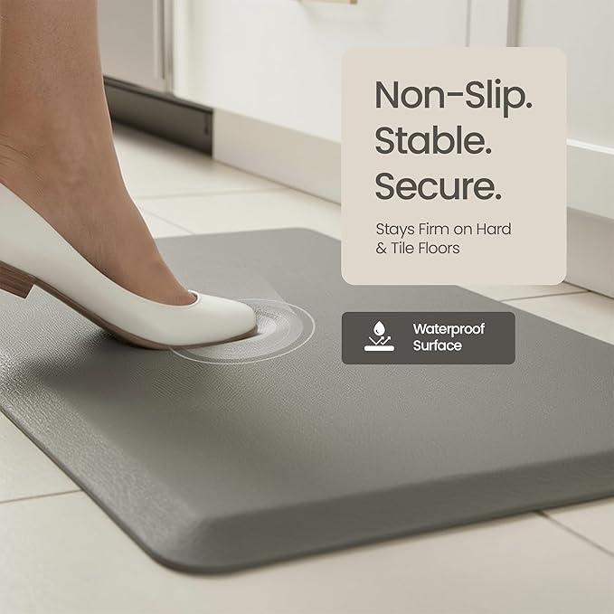 Anti Fatigue Kitchen Mats for Floor | Padded Kitchen Rugs | Non Slip, Cushioned Standing Desk Mat | Waterproof Floor Mat for Home and Office | 17.3" x 28" X 0.47", Grey, 1-Pack | More Décor