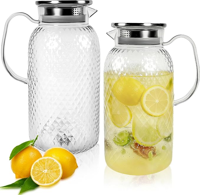2 Pack Plastic Pitcher with Lid and Handle, 60 oz Clear Water Jug, BPA-Free Ice Tea Pitchers for Lemonade, Milk, Juice, Home, Office