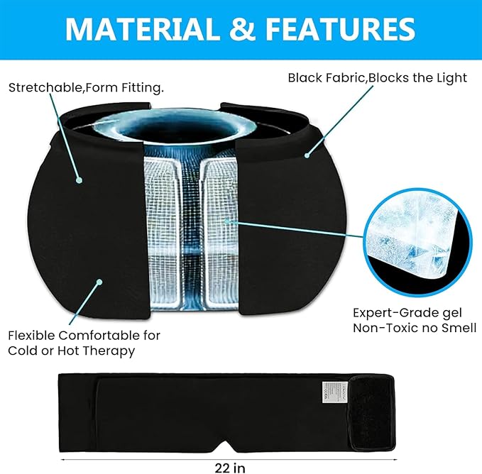 Migraine Relief Cap, One Size Fits All Hot/Cold Gel Head Wrap, Migraine Cooling Eye Mask, Strong Elastic Comfort Fit, Reusable Durable for Stress & Headache Relief, FSA|HSA Eligible, Gift Box (Black)