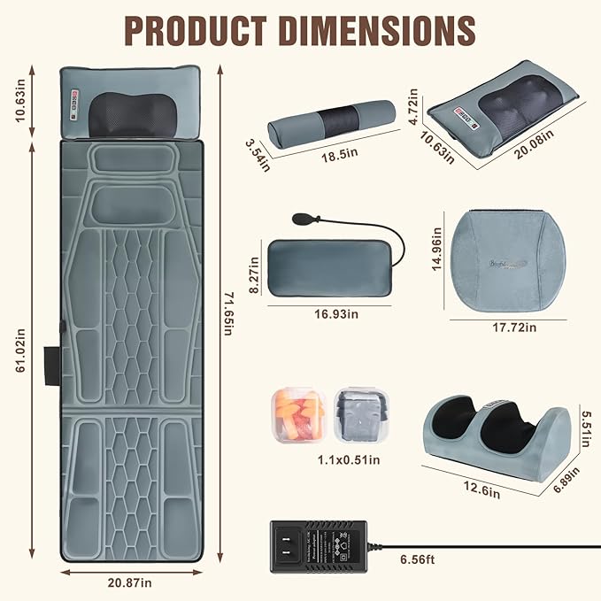 Full Body Massage Mat with Heat, Detachable Neck Massager & Foot Massager, Full Body Vibration Massage Mats with Lumbar Pillow, 9 Vibration 3 Timer Settings, Gift for Men Women
