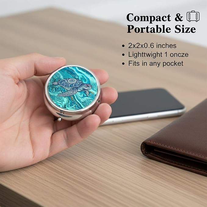 Round Pill Case Small Pill Box with Mirror Pocket 3 Compartment Vitamin Pill Medicine Case Organizer Pill Containers for Traveling Sea Turtle Wave Two