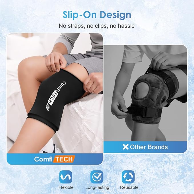 ComfiTECH 2 Pack Knee Ice Pack Wraps, Elbow Calf Brace Flexible Reusable Gel Cold Compression Sleeve for Soothing Meniscus Tear and ACL Discomfort, Muscle Relaxation, Sports Recovery, Extra Large
