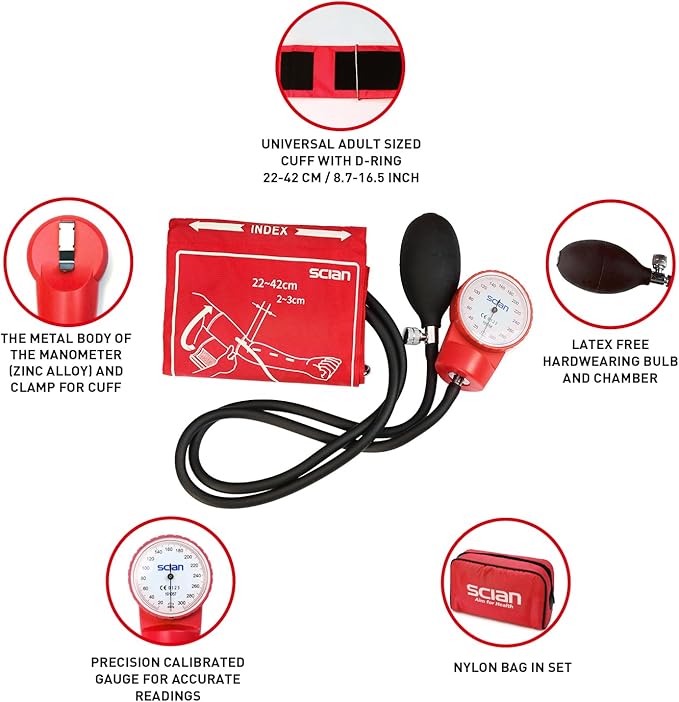 Scian Sphygmomanometer - Manual Blood Pressure Cuff with D-Ring Bp Cuff 10-16", Come with Carrying Bag for Nurse Doctor Senior Adult(Red, Stethoscope Not Included)