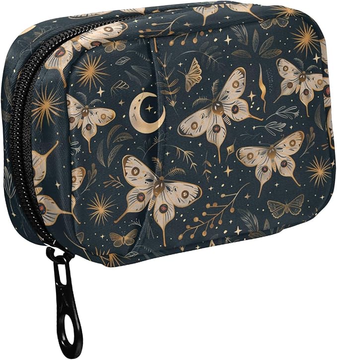 Fustylead Pill Organizer Travel Bag, Small Portable Pill Case Cute for Vitamin Fish Oil Supplements Medicine Organizer with Zipper (Green01 Moth Moon and Stars)