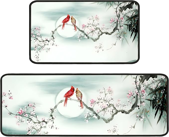 Cardinal Kitchen Rugs 2 Piece Set for Floor Mat, Rug With Birds Non Skid Washable Absorbent Cardinal Kitchen Mat for in Front of Sink for Standing for Home Cardinal Kitchen Decor 17"X30"+17"X47"