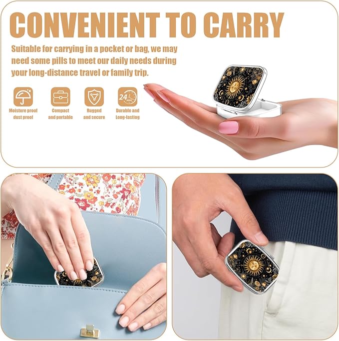 Pill Box-2 Compartment Small Flower Pill Case Square Organizer Case with Mirror Portable Metal Medicine Box Travel Container for Pocket & Purse Women Men(Sun and Moon)
