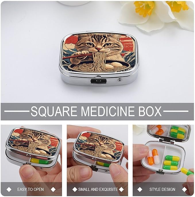 Metal 2 Compartment Pill Organizer Travel Friendly Portable Compact Pill Box Cute Pill Case,for Pocket Wallets Daily Portable Medicine Vitamin Tablet Storage (A cat Eating Noodles)