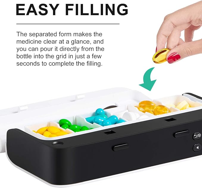 Pill Dispenser,Medicine Organizer,Weekly Pill Organizer with Smart Alarm,Remind to 7 Times a Day,Buzzer,Vibration,LED Light Display,Vitamins,Supplements,Home Pill Reminder