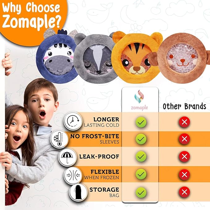 ZOMAPLE Boo Boo Ice Packs for Kids, 4 Pack, Boys Set – Calm Tears Fast with Hot & Cold Relief – Leakproof, Flexible When Frozen, BPA & PVC Free Gel – Kids Ice Packs for Boo Boos in Animal Designs