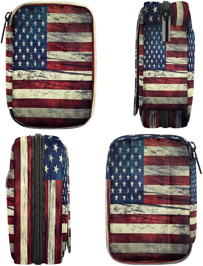 Vintage American Flag Travel Pill Organizer Box Weekly Portable Pill Case Daily Pills 7 Day Small Birth Control Pills Container Removable Compartments for Medicine Vitamins Fish Oil